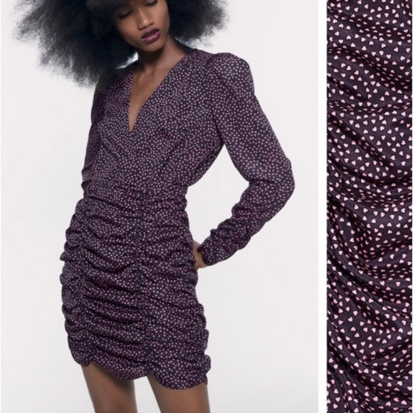 ZARA Ruched Pink Hearts All Over Print Long Sleeve Mini Dress - Picture 2 of 15